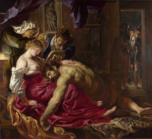 Samson got his immense strength from his long hair. Delilah betrays him by cutting off his hair while he sleeps.