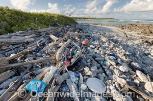 Our Polluted Earth and the  careless, wrong disposal of Plastic waste. Marine pollution comprising of plastic bottles, foot ware, timber and fishing implements, washed ashore by tidal movement on a remote tropical island beach - probably drifting in from Indonesia. Cocos (Keeling) Islands, Indian Ocean and Australia.