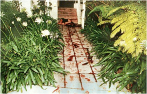 The bloody pathway of the condominium where the brutally murdered body of Nicole Brown was found