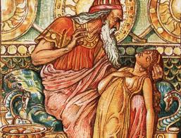 King Midas's greed turns his beloved daughter into a golden statue. The king is highly distraught and realizes his mistake.