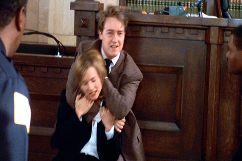 Roy tries to throttle Venable in a fit of fury when the court is in session.