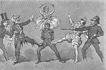 Illustration of the Harlequinade in The Forty Thieves (1878), showing Swell, Pantaloon, Harlequin, Columbine (above), Clown and Policeman.