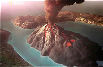 The cataclysmic volcanic eruption that destroyed all traces of Atlantis.
